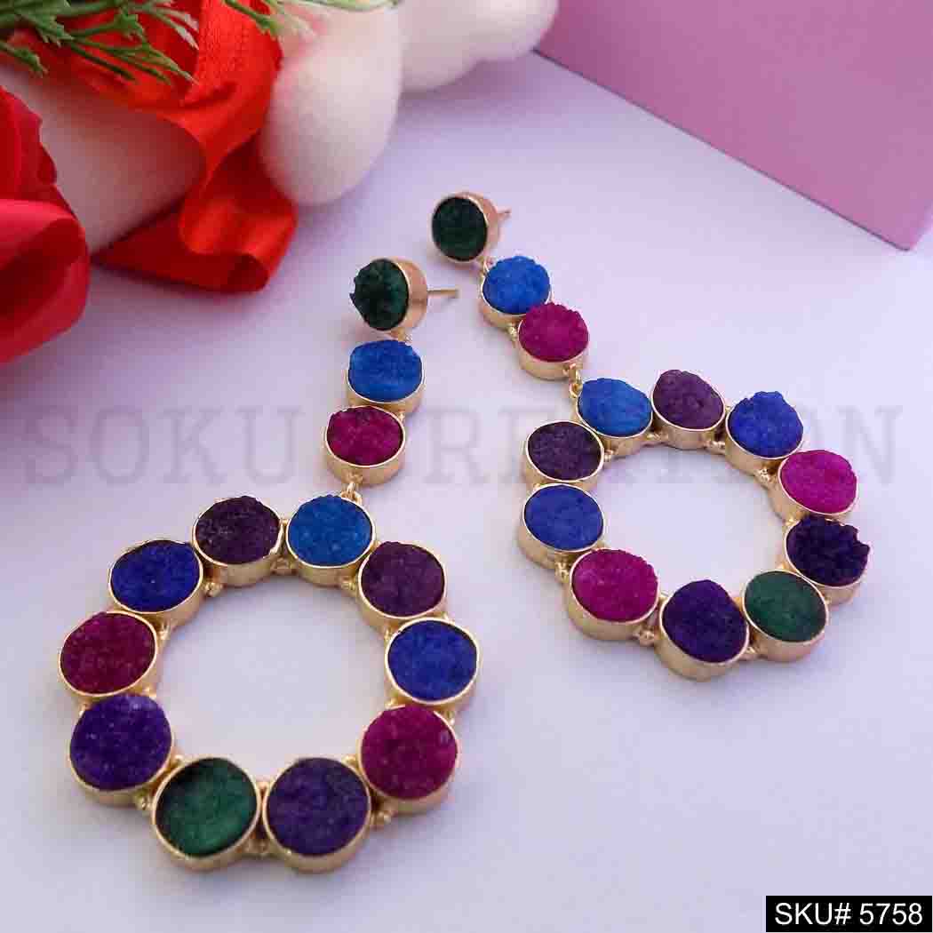 Gold plated Designer Multi Color Stone Drop and Dangle Earring SKU5758