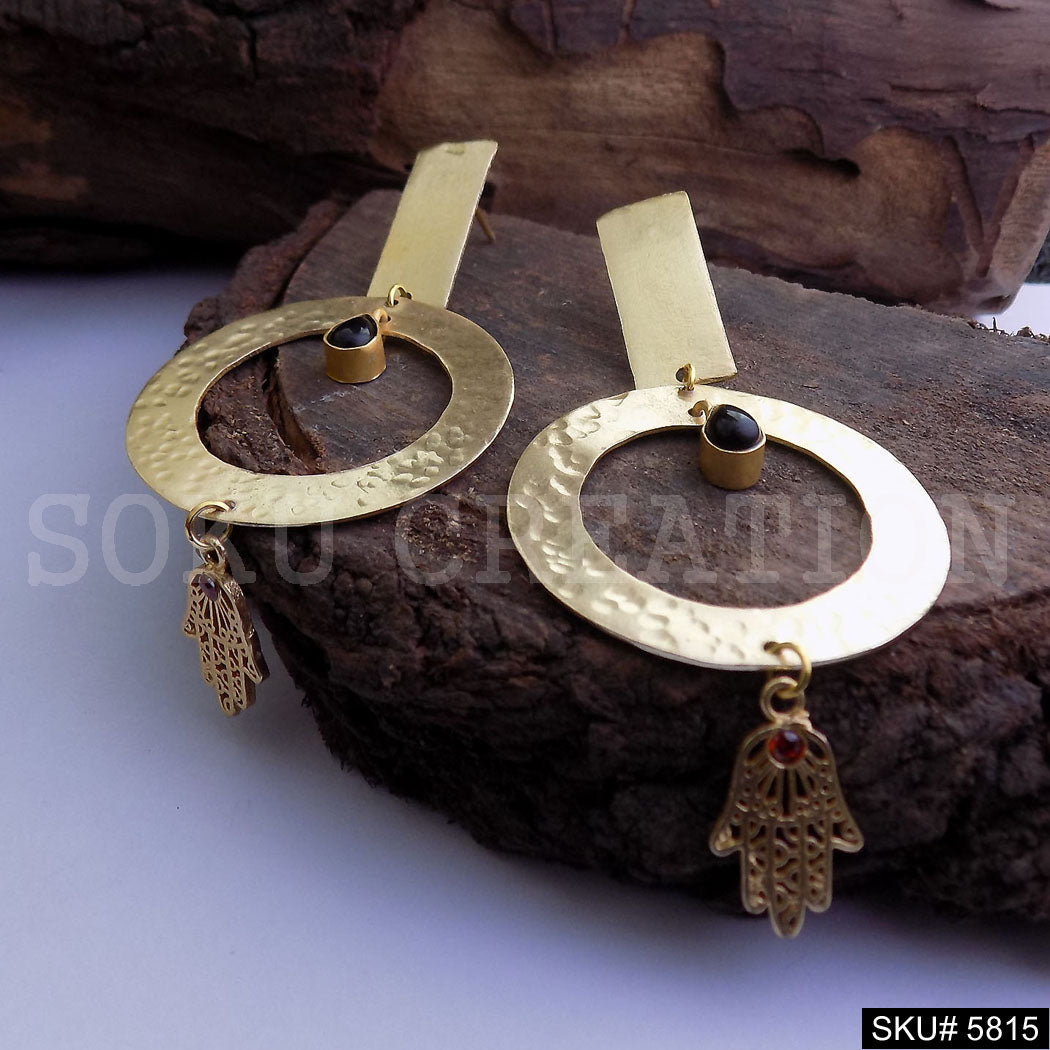 Gold plated Protective Hamsa Hand Design Hammered Designer Drop and Dangle Earring SKU5815