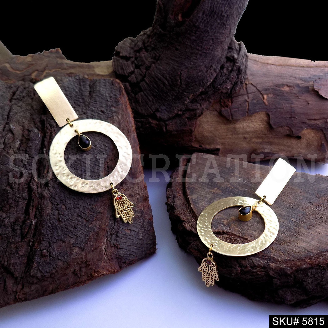 Gold plated Protective Hamsa Hand Design Hammered Designer Drop and Dangle Earring SKU5815