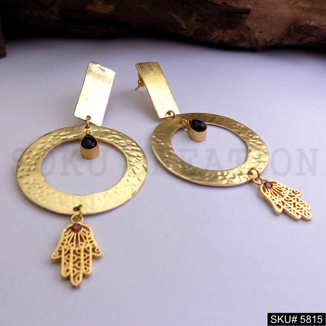 Gold plated Protective Hamsa Hand Design Hammered Designer Drop and Dangle Earring SKU5815