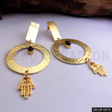Gold plated Protective Hamsa Hand Design Hammered Designer Drop and Dangle Earring SKU5815
