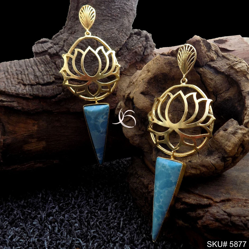 Gold plated Handmade Gemstone Lotus Style Drop and Dangle Earring SKU5877