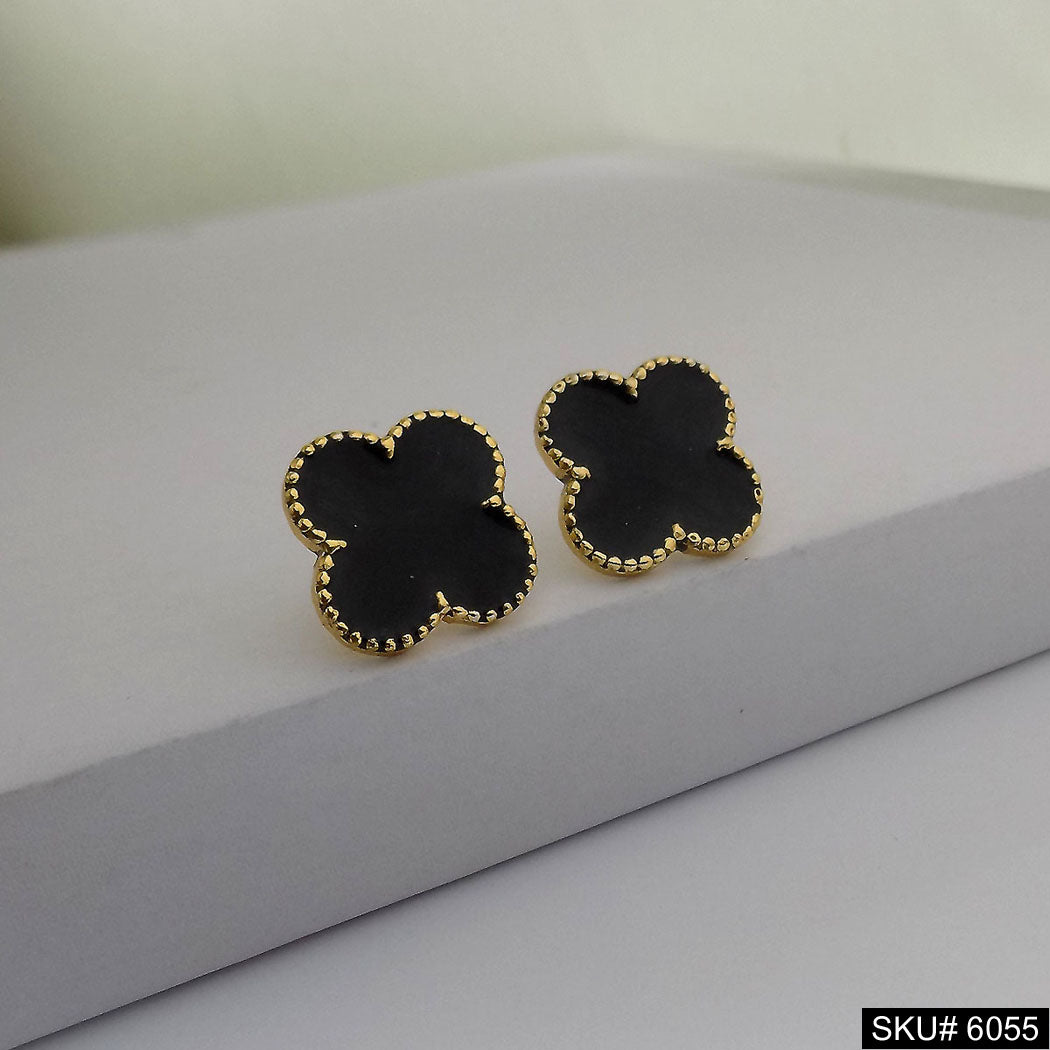 Gold plated Statement Design Black Enamel Flower Style Stud Earring SKU6055