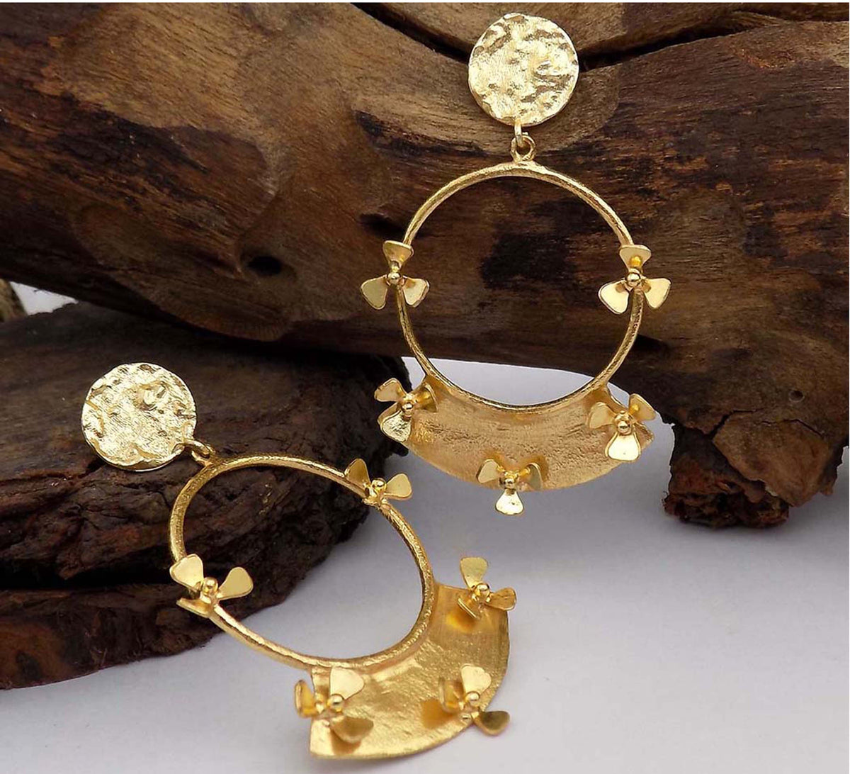 Gold plated Hammered Design Flower Drop and Dangle Earring SKU6066