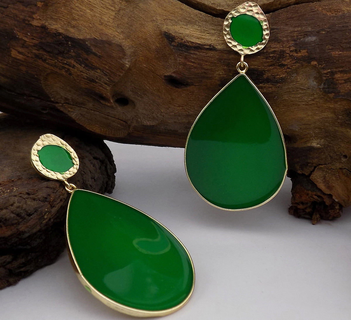 Gold plated Hammered Green Enamel Tear Drop Style Design Drop and Dangle Earring SKU6080