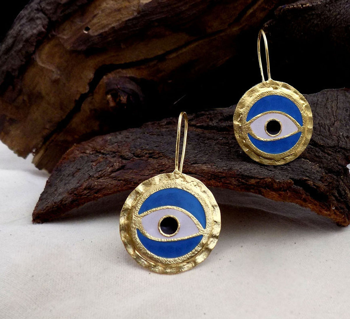 Gold plated Designer Hammered Protective Evil Eye Ear Wire Earring SKU6106
