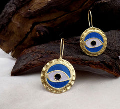 Gold plated Designer Hammered Protective Evil Eye Ear Wire Earring SKU6106