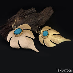 Gold plated Turquoise Stone Leaves Style Ear Wire Earring SKU7006