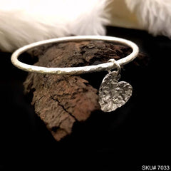 Silver Plated Simple Design of Bangle With Hammered Heart Design of Charm SKU7033