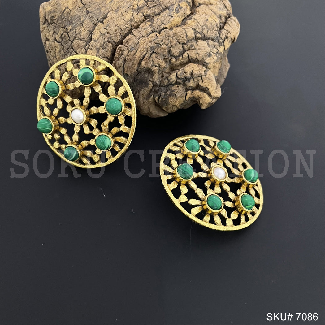 Gold Plated Unique Green Stone and Flower Handmade Stud Earring SKU7086
