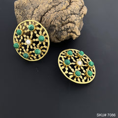 Gold Plated Unique Green Stone and Flower Handmade Stud Earring SKU7086