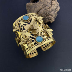 Gold Plated Designer Big Cuff with Blue Stone and Dragonfly Flower SKU7097