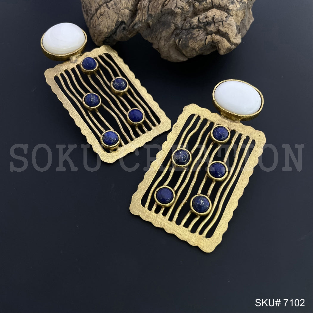 Gold Plated Unique White and Blue Stone Statement Handmade Drop and Dangle Earring SKU7102