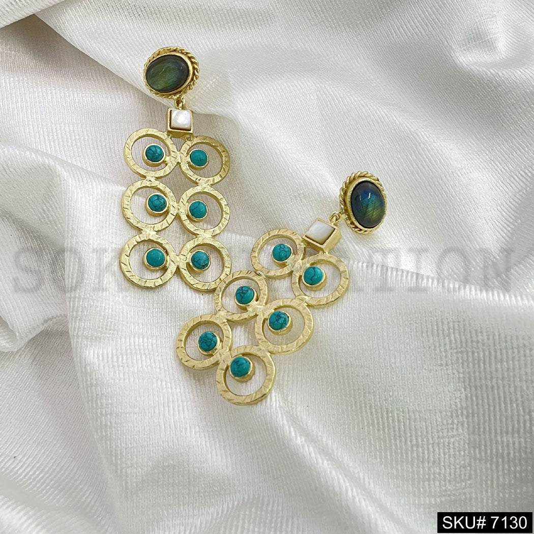 Gold Plated Twisted Wire With Labra and Turquoise Stone  Hnadmade Drop and Dangle Earring SKU7130