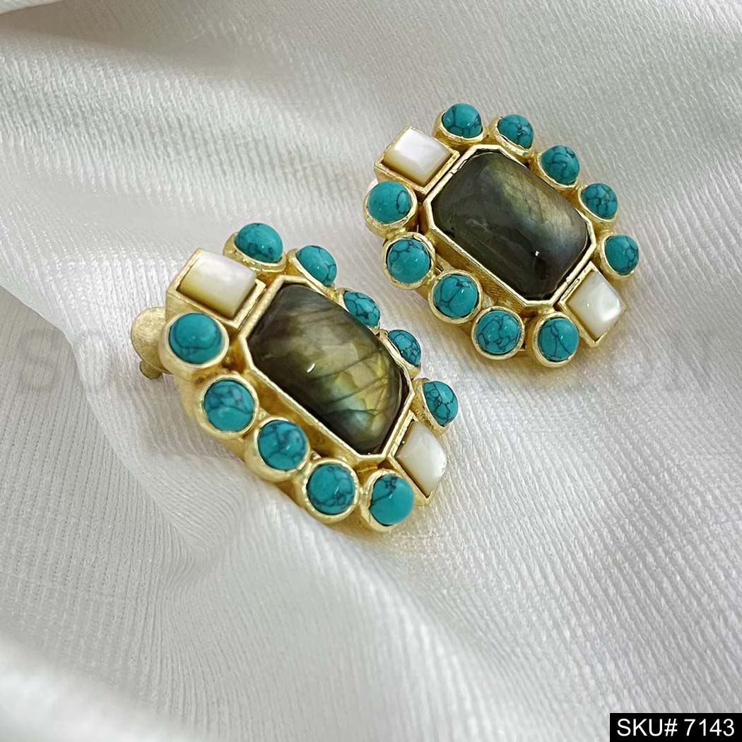 Gold Plated Turquoise and Labra Stone Handmade Big Stud Earring SKU7143