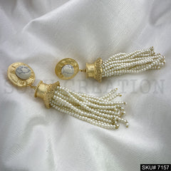 Gold Plated Statement Rounded Gemstone Multi White Pearl of Layers Handmade Drop and Dangle Earring SKU7157
