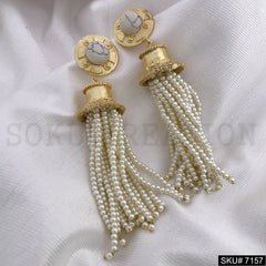 Gold Plated Statement Rounded Gemstone Multi White Pearl of Layers Handmade Drop and Dangle Earring SKU7157