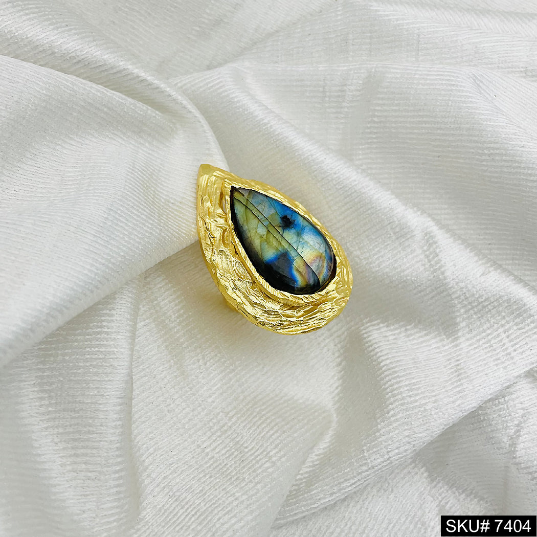 Textured Gold Teardrop Ring with Labradorite Gemstone SKU# 7404