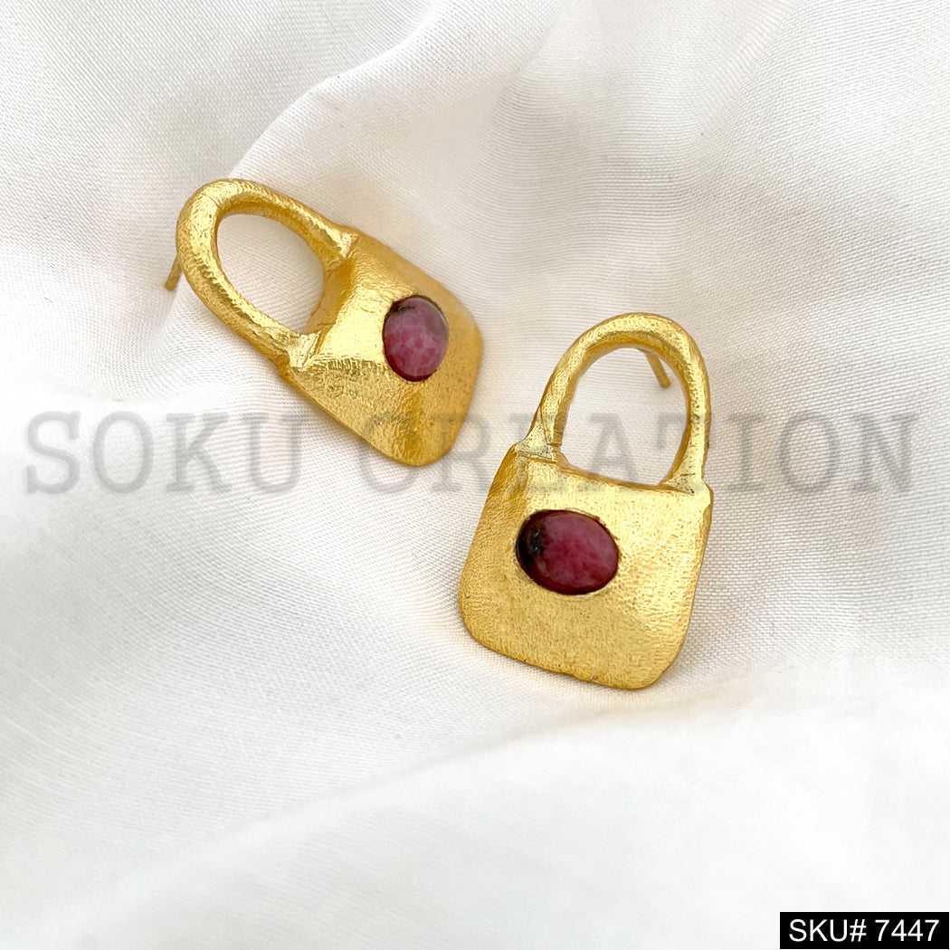 Gold Plated Unique Lock Design of Handmade Stud Earrings SKU7447