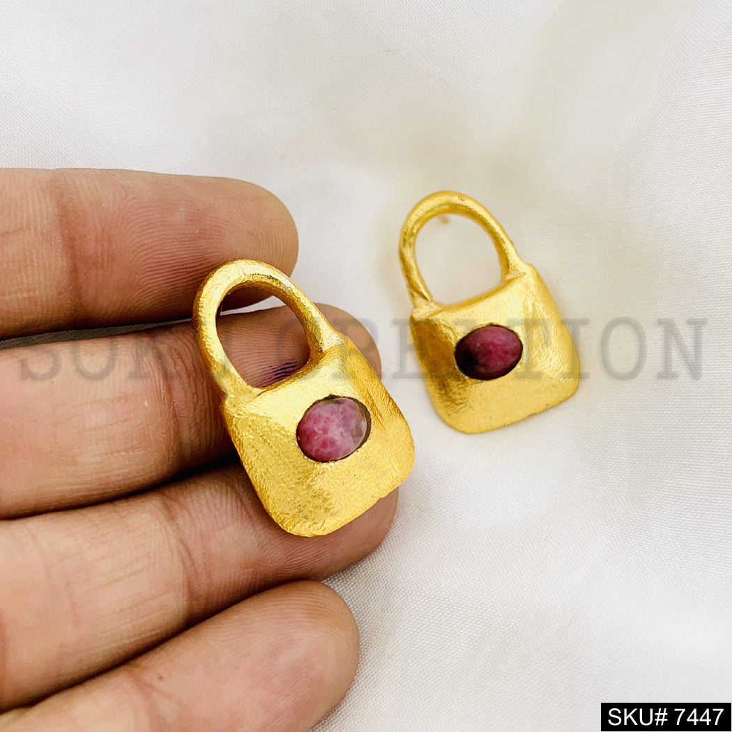 Gold Plated Unique Lock Design of Handmade Stud Earrings SKU7447