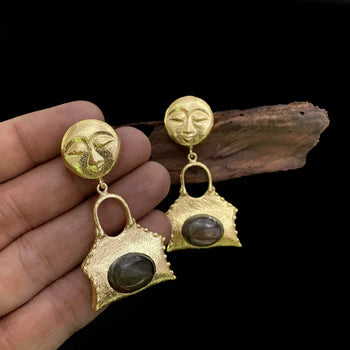 Gold plated Handmade Goddess Face Design Drop and Dangle Lock with Gemstone Earring SKU7482