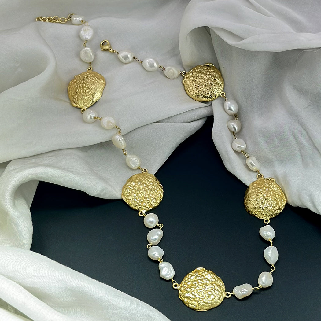 Fresh Water Pearl Necklace with High Gold Plated Textured Bold Disk SOKU#7679