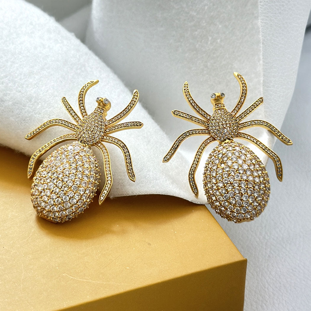 "Gilded Arachnid – Crystal-Studded Spider Statement Earrings" SOKU#7839