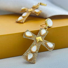 "Regal Reverence – Pearl-Encrusted Cross Drop Earrings" SOKU#7840