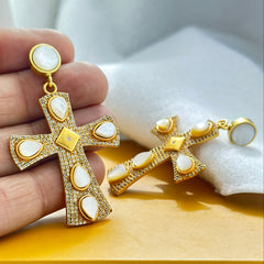 "Regal Reverence – Pearl-Encrusted Cross Drop Earrings" SOKU#7840