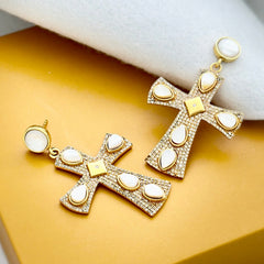 "Regal Reverence – Pearl-Encrusted Cross Drop Earrings" SOKU#7840