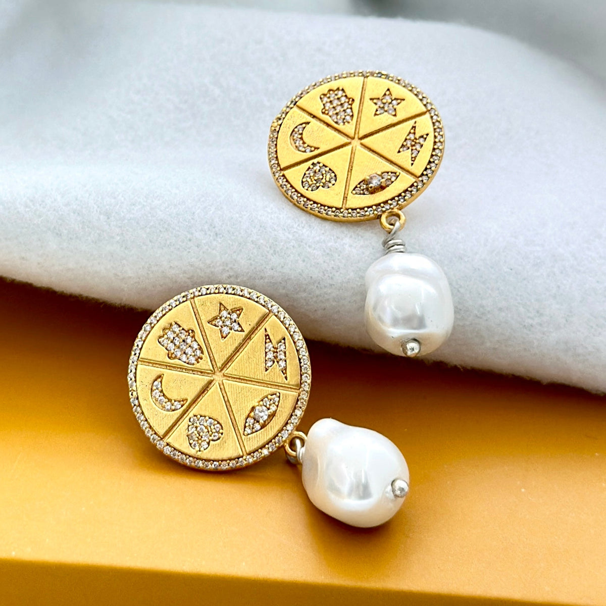 "Celestial Compass – Baroque Pearl & Zodiac Charm Earrings" SOKU#7841