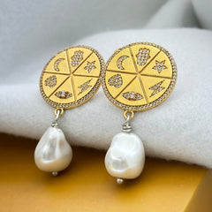 "Celestial Compass – Baroque Pearl & Zodiac Charm Earrings" SOKU#7841