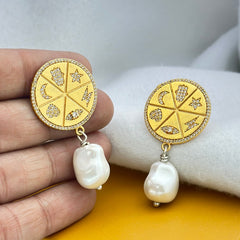"Celestial Compass – Baroque Pearl & Zodiac Charm Earrings" SOKU#7841
