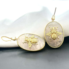 "Queen Bee – Rose Quartz & Gold Drop Earrings" SOKU#7869