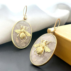 "Queen Bee – Rose Quartz & Gold Drop Earrings" SOKU#7869