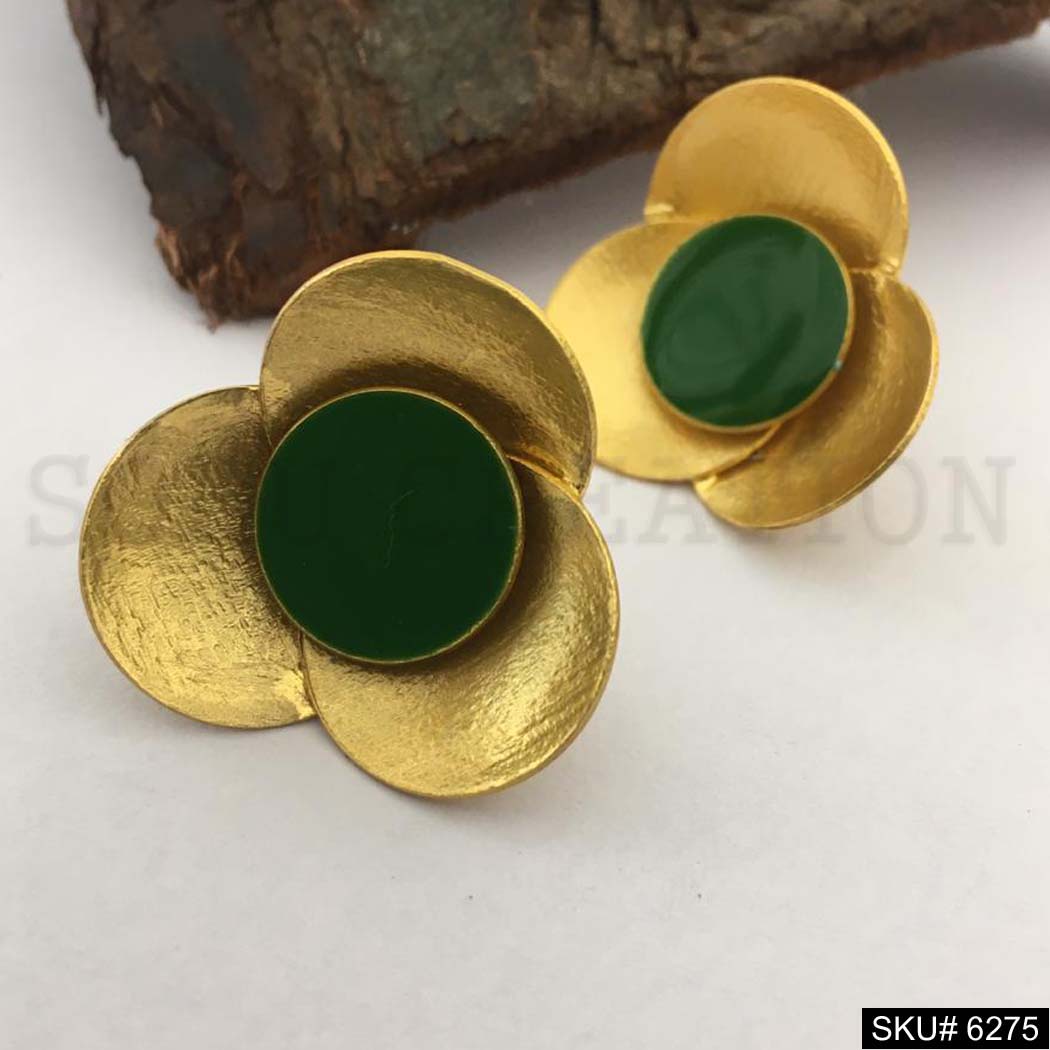 Gold plated Beautiful flower with Green enamel Stud Earring SKU6275