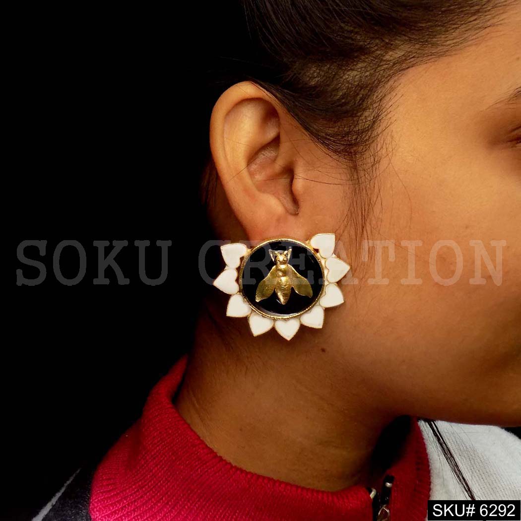 Gold plated Dragonfly with heart of white enamel designer Big Stud Earring SKU6292