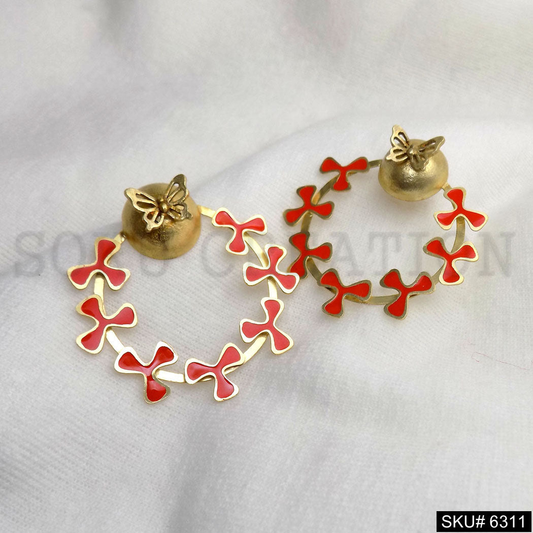 Gold plated Red Enamel Butterfly Big Stud Earrings SKU6311
