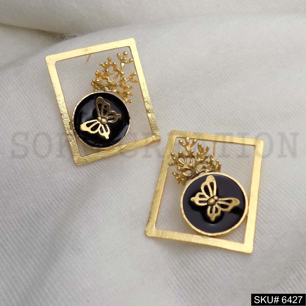 Gold plated Statement Rectangle Stylish Butterfly Big Stud Earrings SKU6427