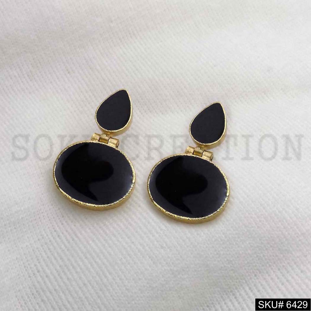 Gold plated Statement Black Rounded Tear Drop Shape Drop and Dangle Earrings SKU6429