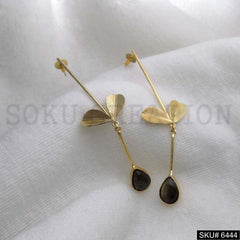 Gold plated Unique Thread Black Gemstone With Leaves Style Drop and Dangle Earrings SKU6444