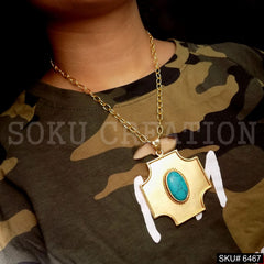 Gold Plated Thick Chain Necklace with Statement Turquoise Necklace SKU6467