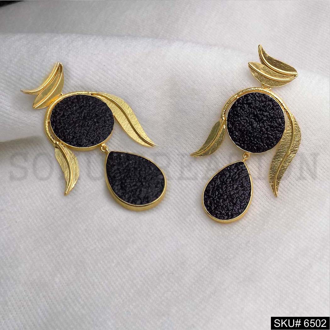 Gold plated Leaves Black Carved Stone Drop and Dangle Earrings SKU6502