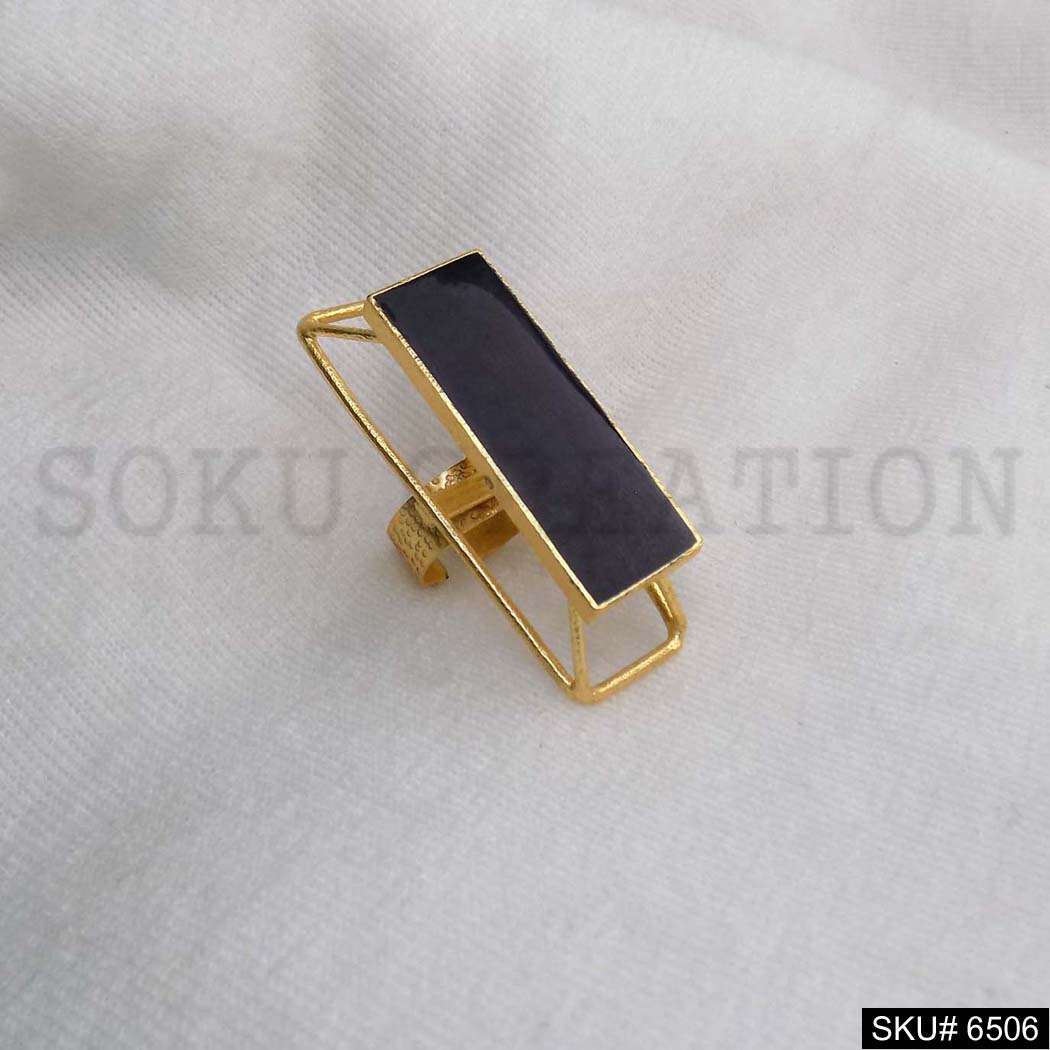 Gold Plated Unique Designer Black Enamel Adjustable Handmade Ring SKU6506