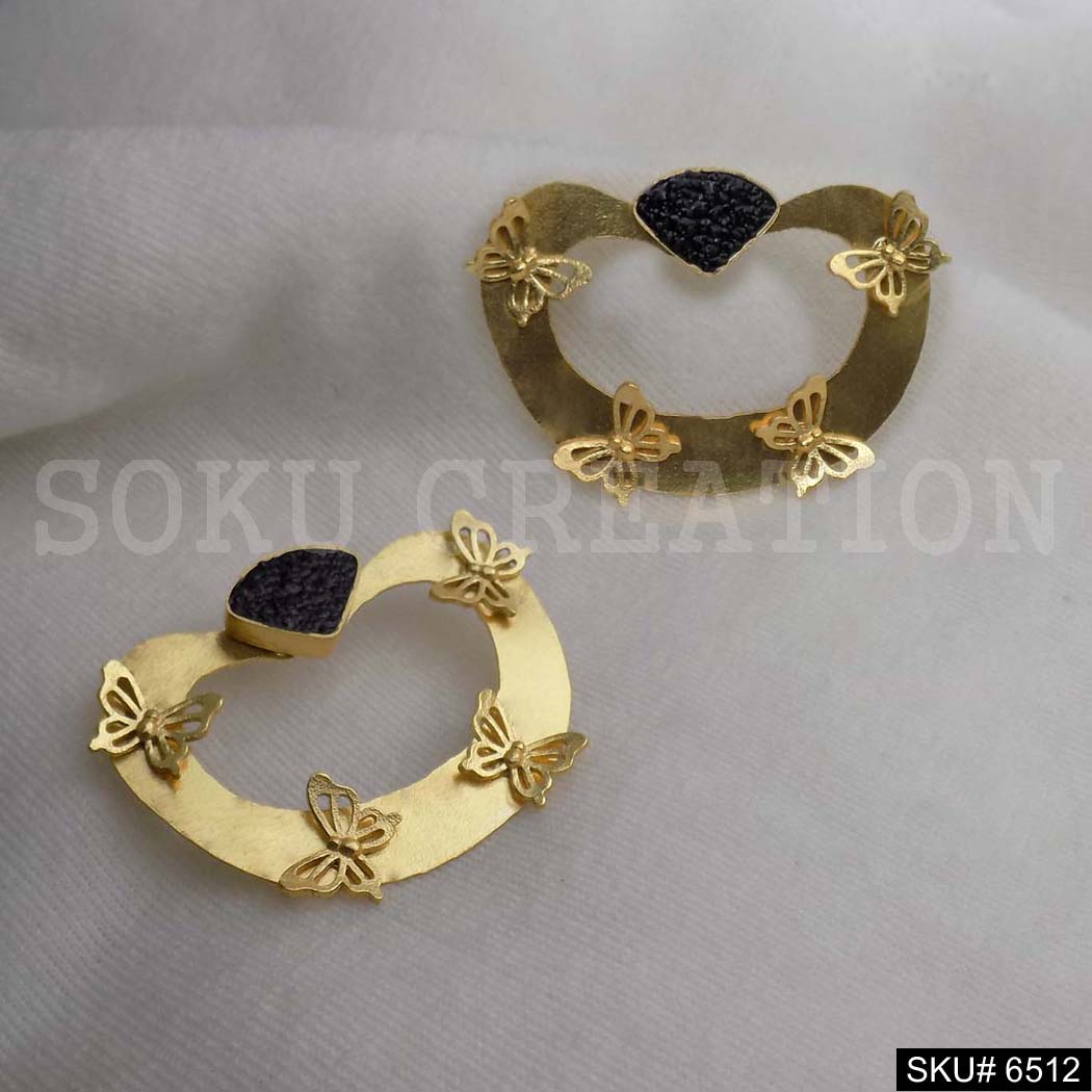 Gold plated Statement Rounded Black Stone butterfly  Big Stud Earrings SKU6512