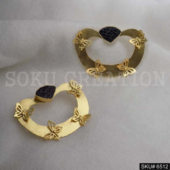 Gold plated Statement Rounded Black Stone butterfly  Big Stud Earrings SKU6512