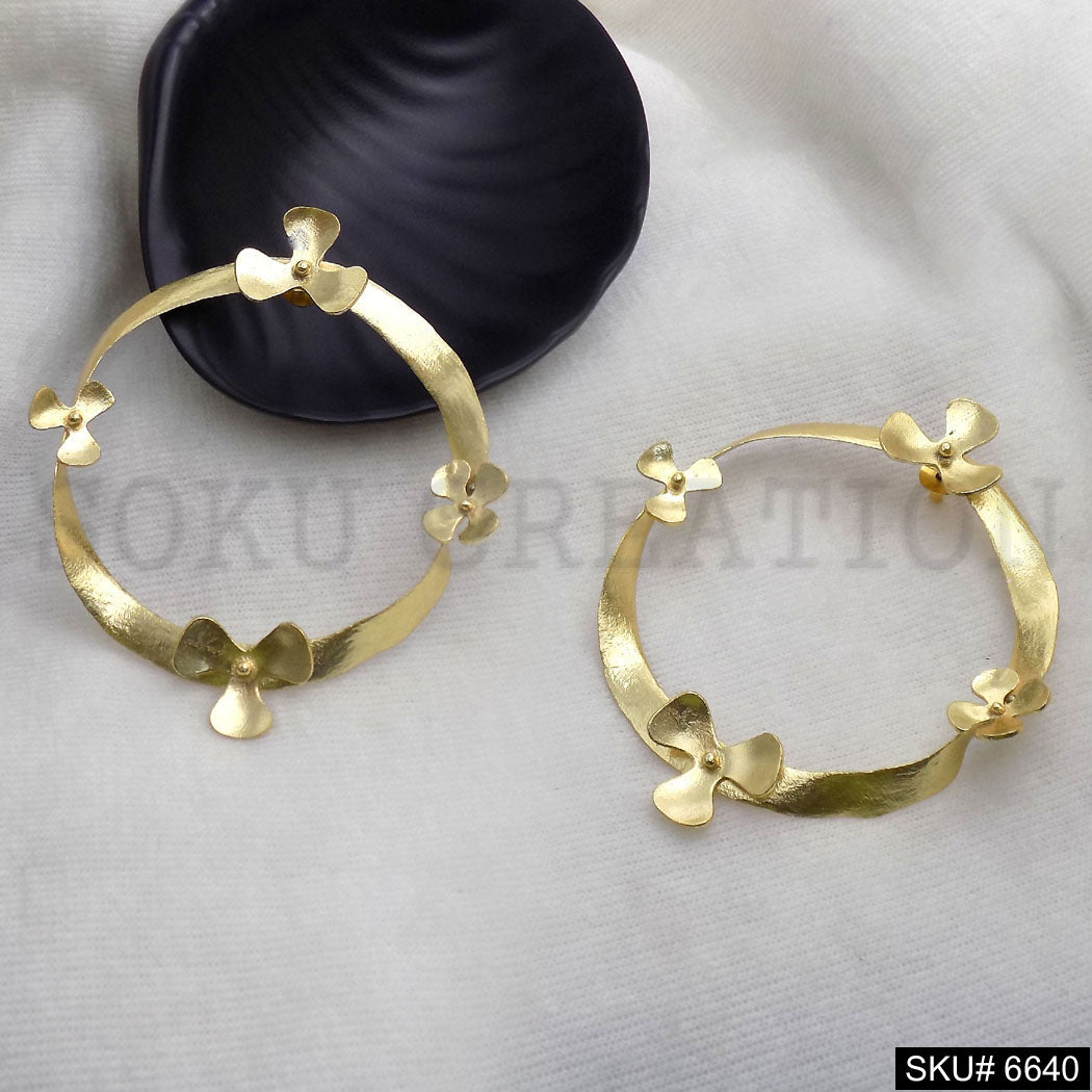 Gold plated Flower on Circle Big Hoops Unique Handmade Design of Stud Earring SKU6640