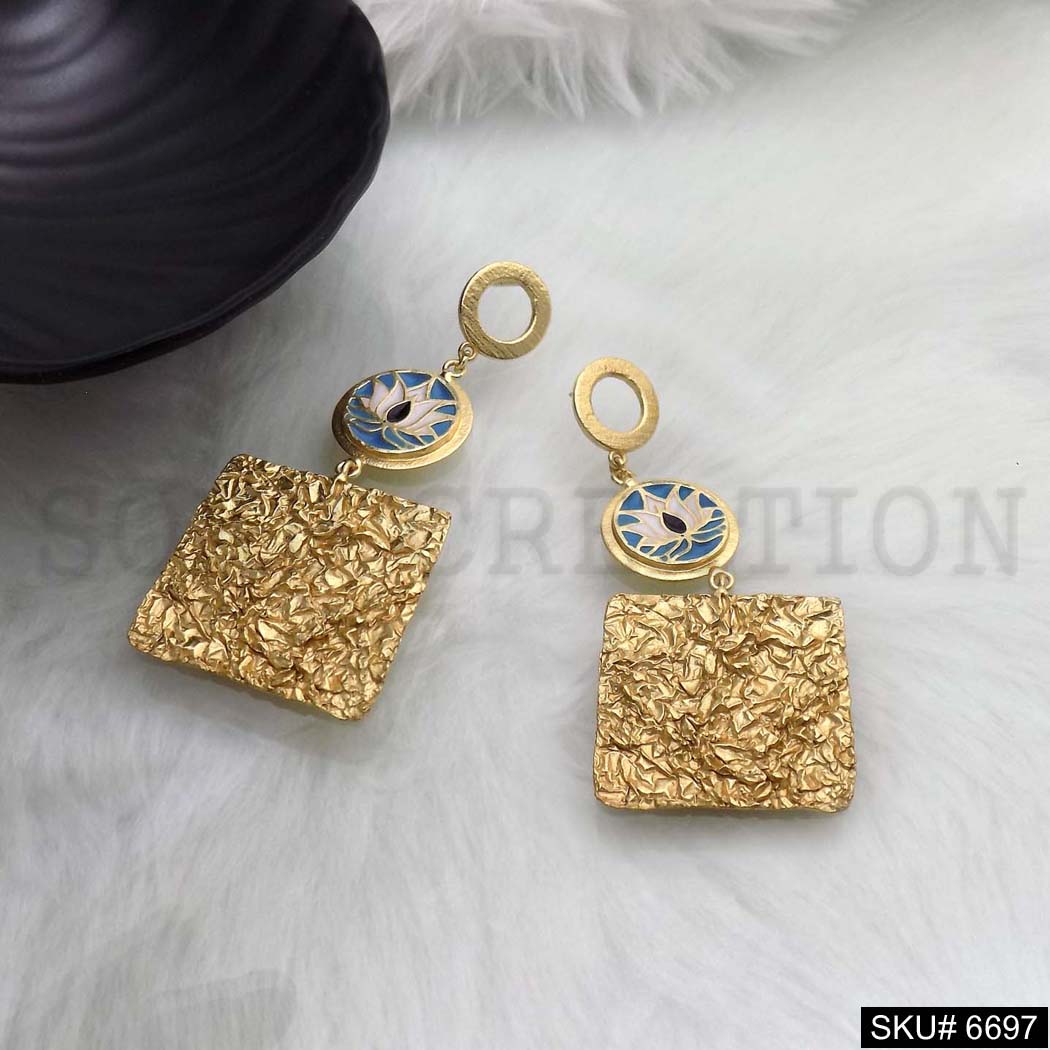 Gold plated Hammered Square Designer Protective Evil Lotus Drop and Dangle Earrings SKU6697