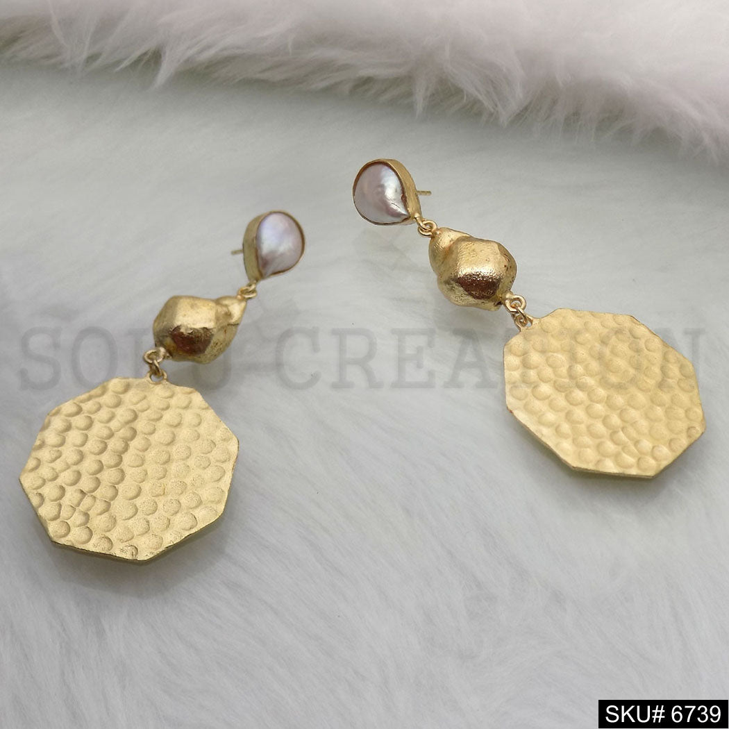 Gold Plated Hexagon with Pearl Handmade Drop and Dangle Earrings SKU6739