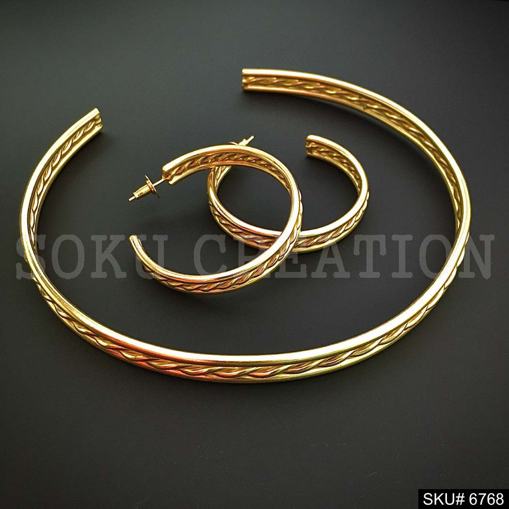 Gold plated Unique Twisted Wire Design Jewelry Set Earrings Cuff and Choker SKU6768